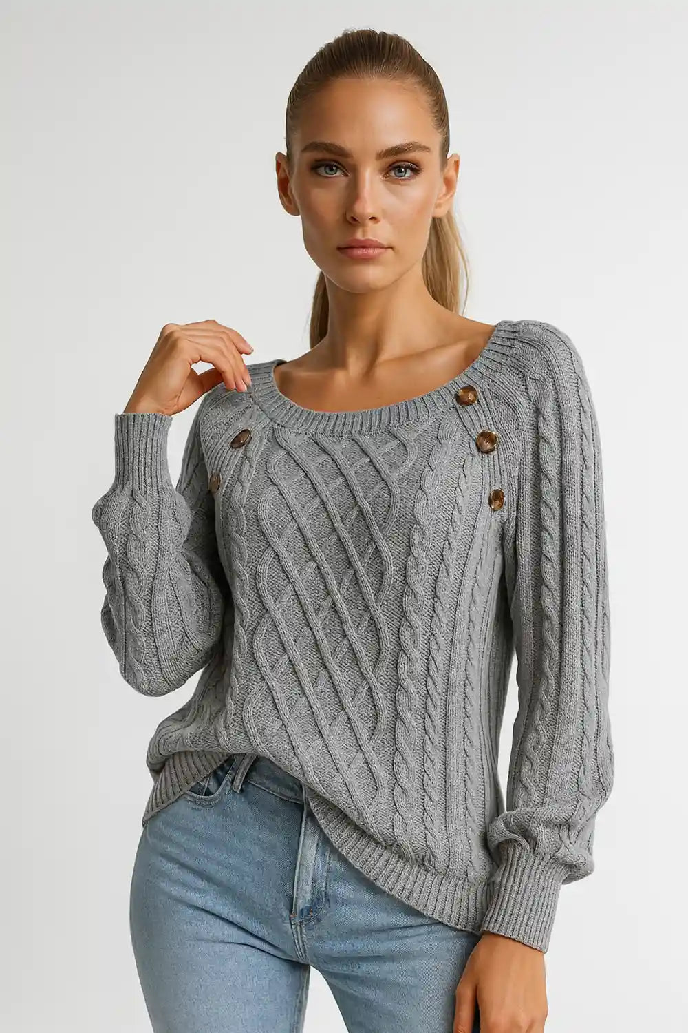 Women’s grey cable-knit sweater with button accents – warm casual pullover