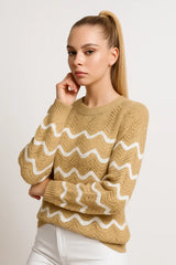 Black and mustard wave pattern knit sweater for women - trendy casual pullover