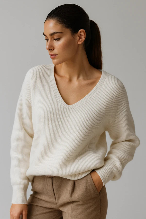 Soft white ribbed knit v-neck sweater for women