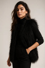 Women's sleeveless black faux fur vest - chic layering piece for winter