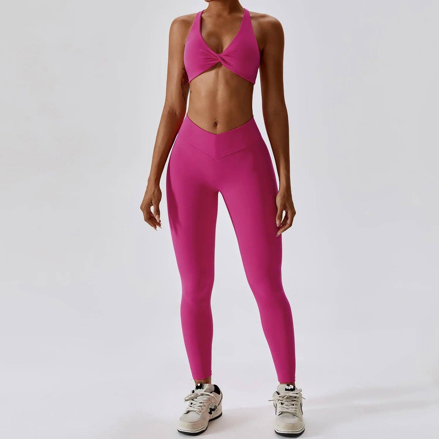 Women Yoga Clothing Sets Athletic Wear High Waist Leggings-Magenta-1